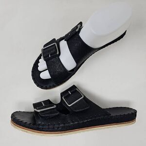 TRASK BLACK LEATHER SNAKE PRINT CARLI SLIDE BUCKLE SANDAL WOMENS SIZE 8 M